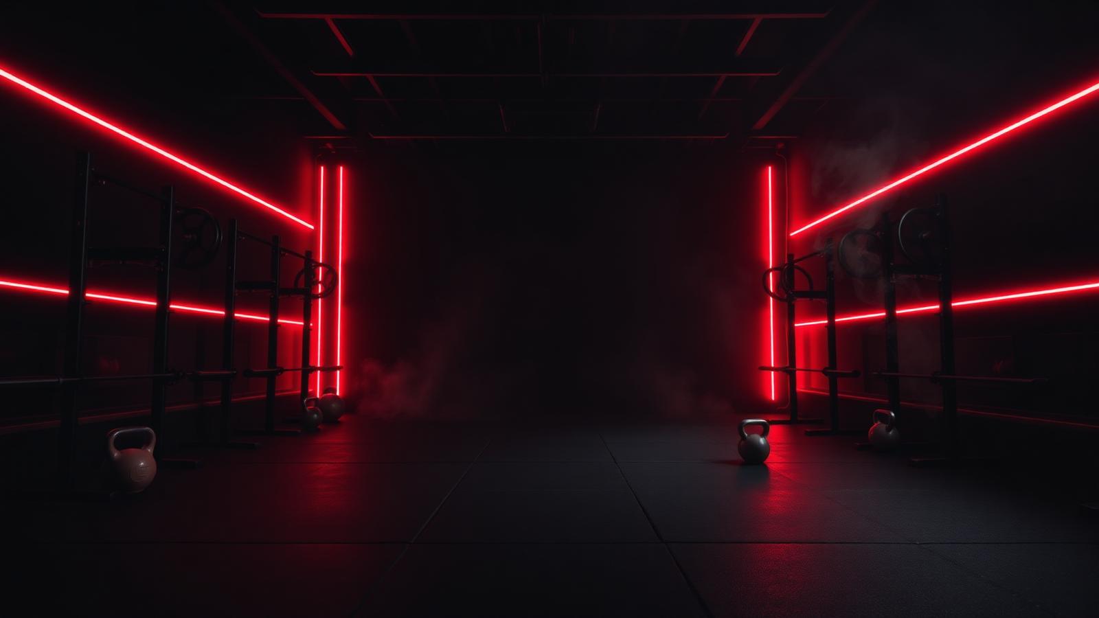 Interior da academia com iluminação vermelha